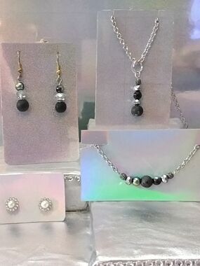 Handmade Black & Silver Beaded Necklace and Earring Set
